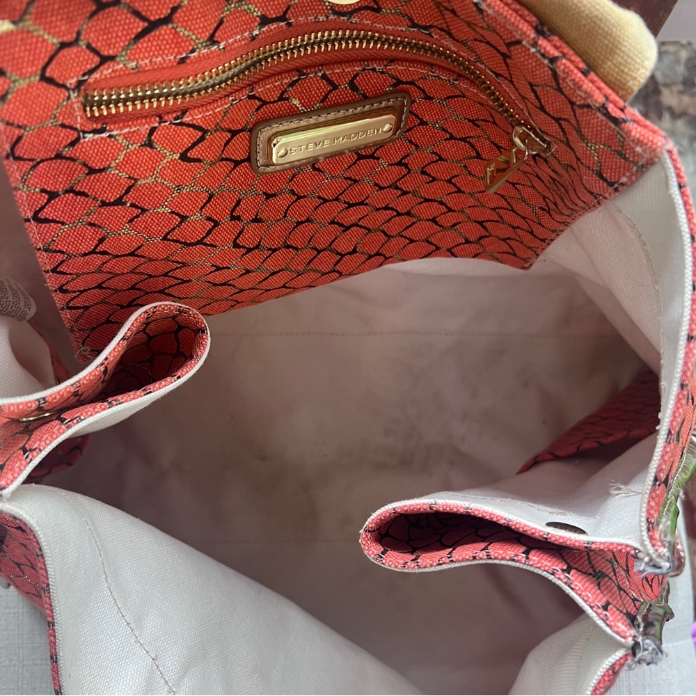 Steve Madden Red Patterned Canvas Tote with Tan Handles - Picture 7 of 11